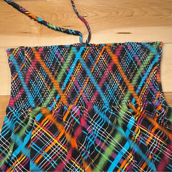 🤍 Y2K Colorful Plaid Smocked Halter Mini Dress OCEAN PACIFIC - Picture 7 of 9